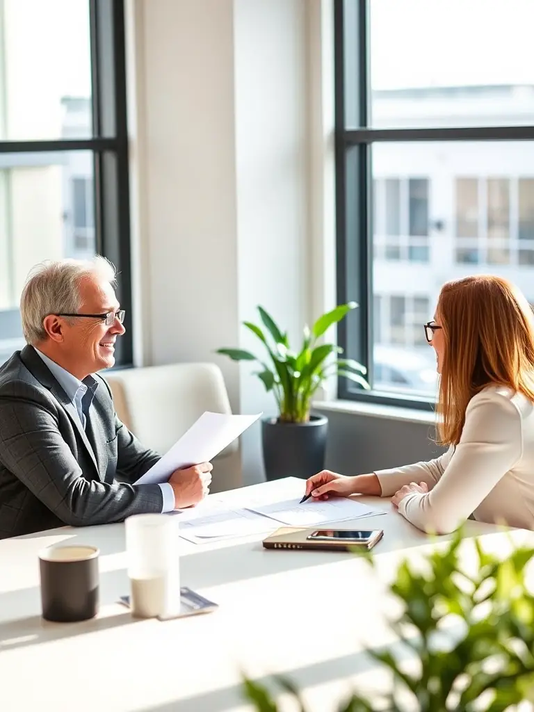 An image depicting a focused business coaching session in a modern London office, with a coach guiding a client through strategic planning.