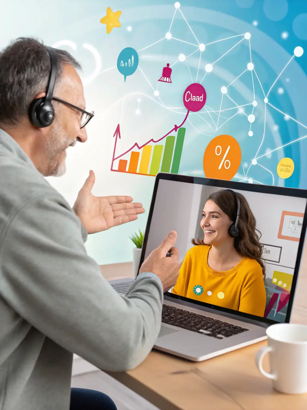 A visual representation of a business coach in a virtual meeting, advising a client on mindset development techniques.