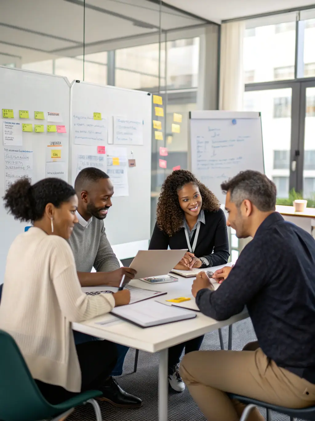 A photo of a diverse group of professionals actively participating in a career development workshop in a co-working space in Manchester.